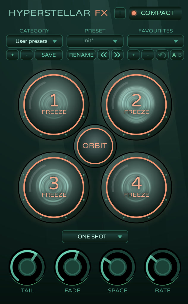 Hyperstellar FX in compact view: four FREEZE portholes around the ORBIT button